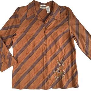 New St John’s Bay Retro 70s Button Up Orange Shirt Size Large Stripe Peasant Top